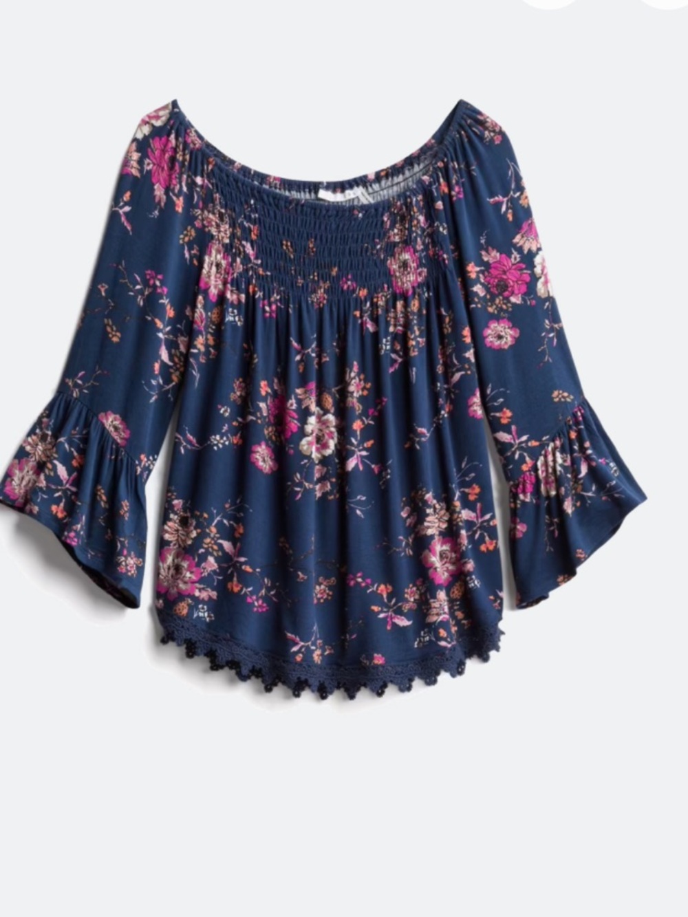 Boho Navy Floral Smocked Off-Shoulder Blouse